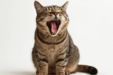 Temiz beyaz bir arkaplanda otururken pembe dilini gösteren esneyen tekir kedi sevimli ve neşeli bir cazibe yayıyor.