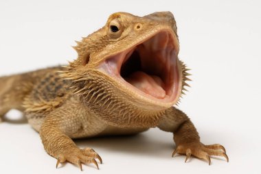 Sakallı ejderha ağzını sonuna kadar açıyor, beyaz arka planda dilini ve dişlerini gösteriyor.