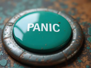 Paslı grunge arka planda parlak yeşil panik düğmesi, bir aciliyet ve alarm hissi yaratıyor