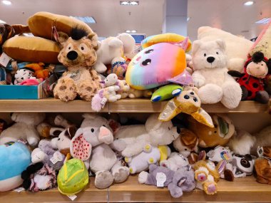 Kiel, Almanya - 09. Ağustos 2025: Almanya 'nın Kiel kentindeki bir dükkanda raflarda çocukları bekleyen birçok farklı renkli peluş oyuncak