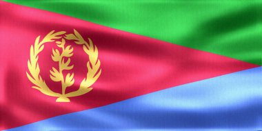 Eritre bayrağı zarif bir şekilde dalgalanıyor, karmaşık kumaş dokusunu ve ulusal gurur ve kimliği simgeleyen canlı renkleri sergiliyor.