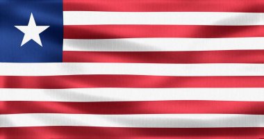 Liberya bayrağının gerçekçi 3D görüntüsü rüzgarda zarif bir şekilde sallanıyor, canlı çizgileri ve kalın yıldız amblemi sergiliyor.