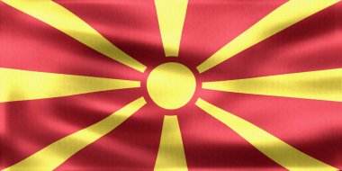 Kuzey Makedonya ulusal bayrağının gerçekçi 3D görüntüsü rüzgarda zarif bir şekilde dalgalanırken, canlı kırmızı ve sarı renkler sergiliyor