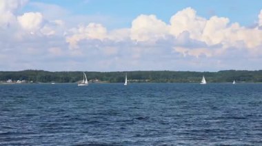 Kümülüs bulutlarıyla benekli mavi gökyüzünün altında ormanlık bir kıyı şeridi olan bir gölde beyaz yelkenliler yelken açıyor.