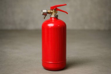 Kırmızı yangın söndürücü gri katta, yangın durumlarında acil kullanıma hazır, güvenlik ve koruma sağlanıyor.