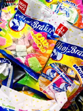Ahoj-Brause candy bags containing various sherbet sweets creating a colorful arrangement