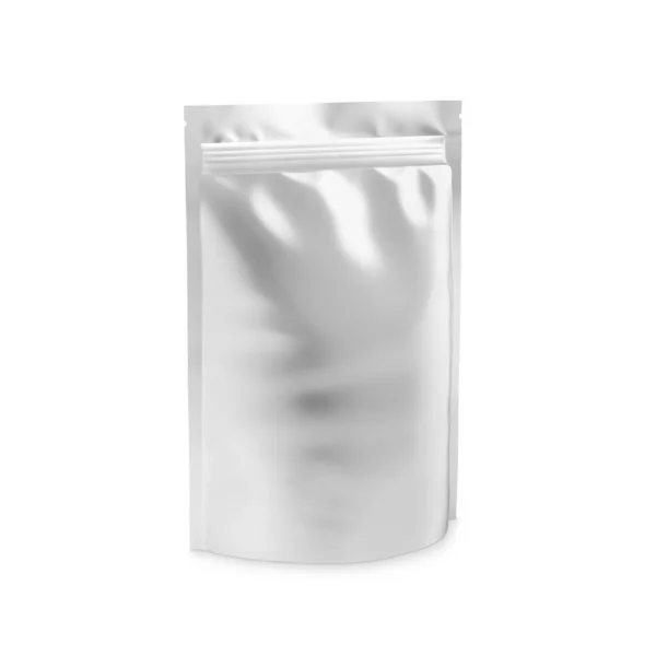 Metalik Çuval Yukarı Boş Beyaz Şablon Beyaz Arkaplanda Izole — Stok fotoğraf