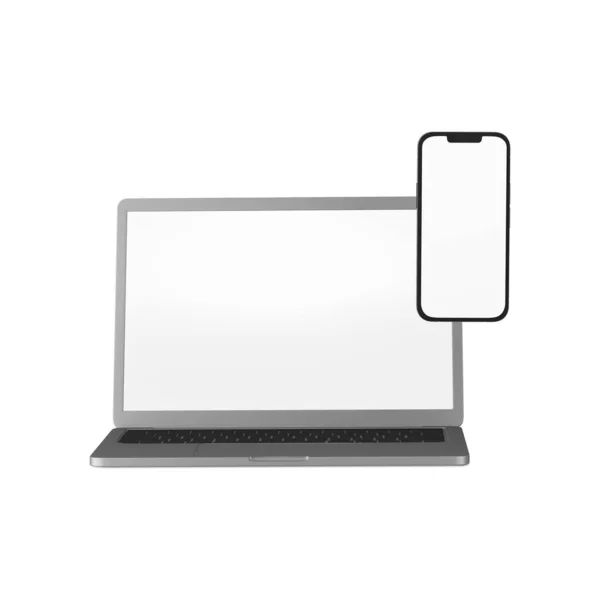 White Blank Vorlage Laptop Mit Handy Isoliert Auf Weißem Hintergrund — Stockfoto