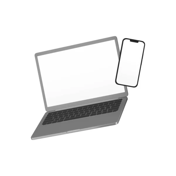 White Blank Laptop Szablon Telefonu Komórkowego Izolowane Białym Tle — Zdjęcie stockowe