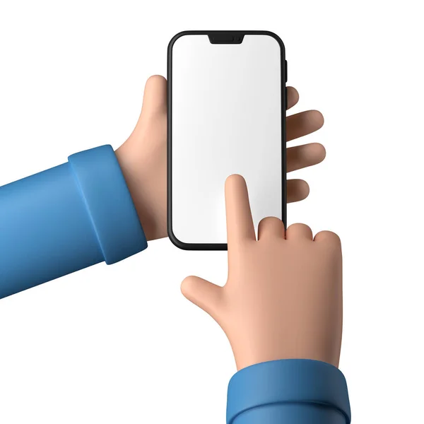Mãos Segurando Modelo Telefone Branco Isolado Fundo Branco — Fotografia de Stock