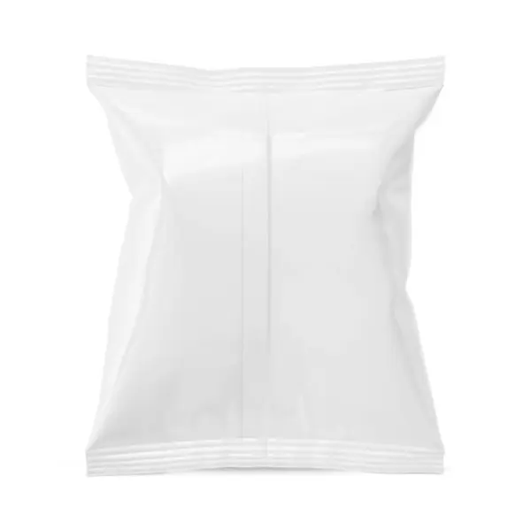 Pacote Lanche Branco Branco Pequeno Visão Traseira Isolado Fundo Branco — Fotografia de Stock