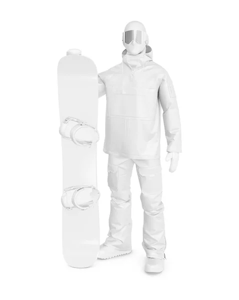 Bianco Snowboarder Bianco Con Bordo Mockup Vista Frontale Isolato Uno — Foto Stock