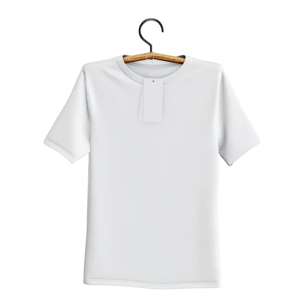 Una Camiseta Blanca Blanco Percha Con Etiqueta Aislada Sobre Fondo —  Fotos de Stock