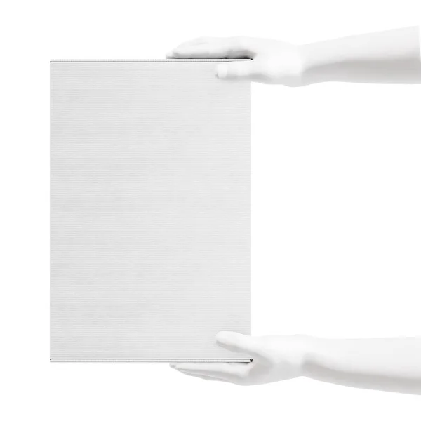 Image Mannequin Hands Holding White Cardboard Box White Background — Stock Photo, Image