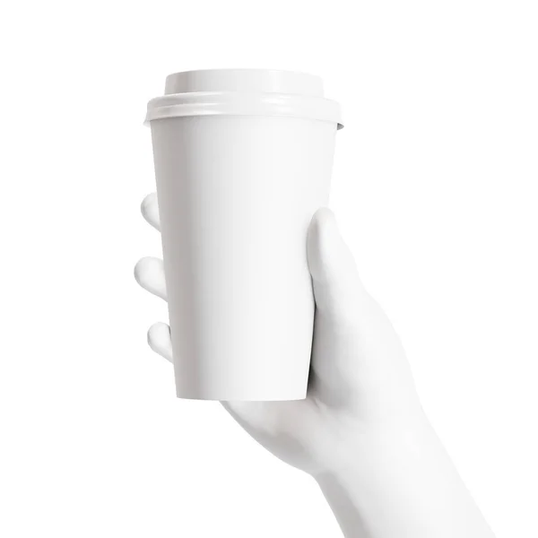 一只手拿着咖啡杯的人体模特 与白色背景隔离 — 图库照片