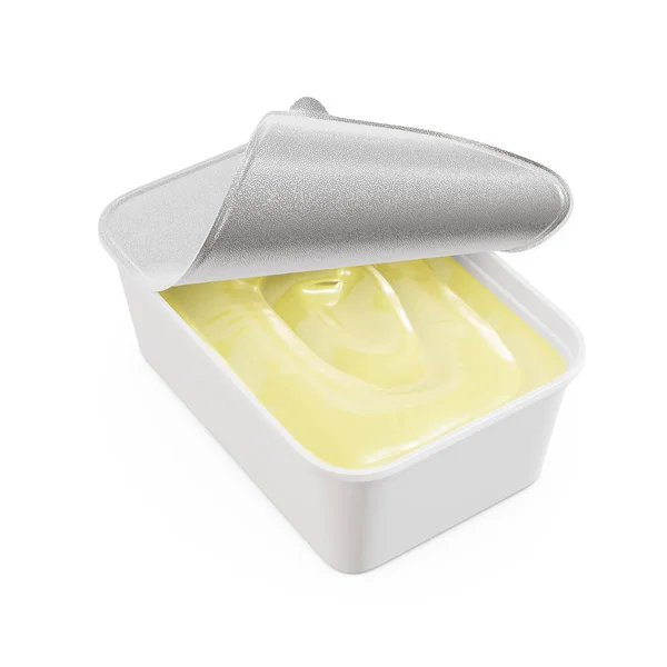 Biały Obraz Pół Otwarty Butter Tub Izolowane Białym Tle — Zdjęcie stockowe