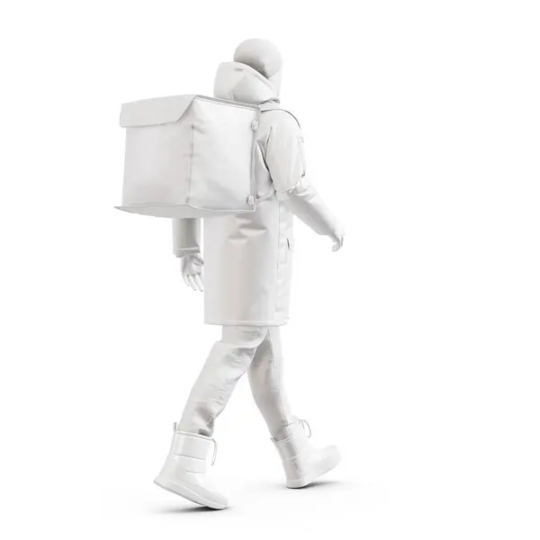 Egy Próbababa Walking Deliveryman Téli Ruházat Elszigetelt Fehér Háttér — Stock Fotó