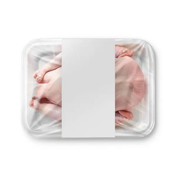 Bild Eines Weißen Hühnerplastiktabletts Mit Etikett Auf Weißem Hintergrund — Stockfoto