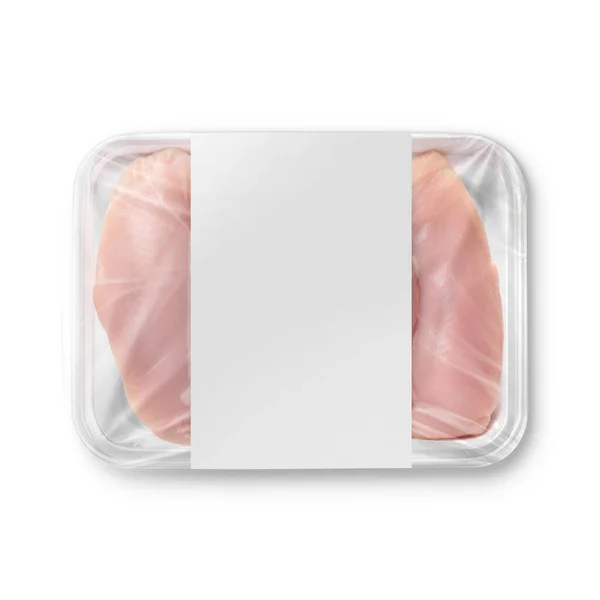 Bild Vit Kyckling Bröst Plastbricka Med Etikett Isolerad Vit Bakgrund — Stockfoto