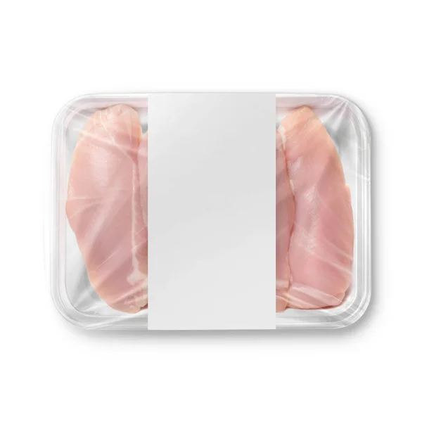 白色鸡胸肉塑料托盘的图像 标签隔离在白色背景上 — 图库照片