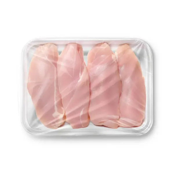 Bild Vit Kyckling Bröst Plastbricka Isolerad Vit Bakgrund — Stockfoto