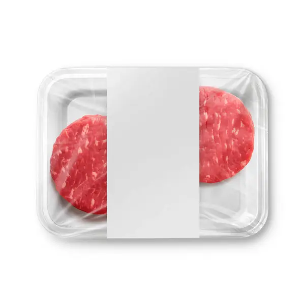 白い背景に隔離されたラベルが付いている白いハンバーガーのプラスチック皿のイメージ — ストック写真