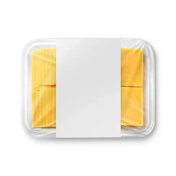 Image White Cheese Plastic Tray Label Isolated White Background — Stock Photo, Image