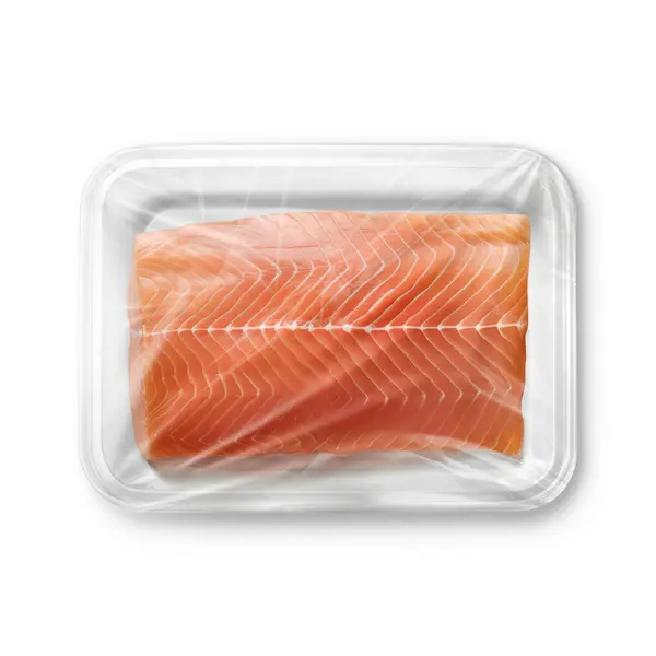 Image Plastic Tray Salmon Isolated White Background — Stock Photo, Image