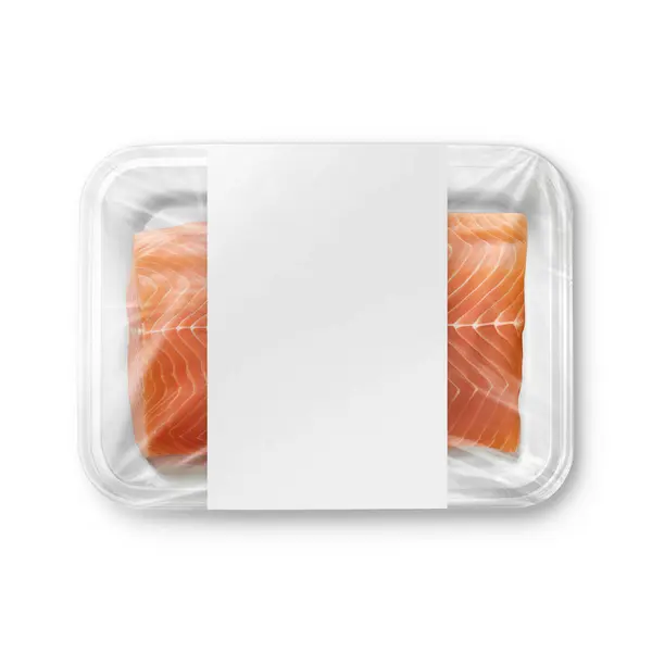 Une Image Plateau Plastique Saumon Avec Étiquette Isolée Sur Fond — Photo