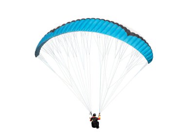 Paraşüt üzerinde uçan sporcu. Beyaz arka planda uçan güzel bir paraglider. izole