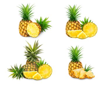 Ananas meyvesi. Beyaz arka planda izole edilmiş organik ananas koleksiyonu. Kesme yolu olan ananas. Tam alan derinliği. Yaz meyveleri, sağlıklı ve doğal bir hayat için.,