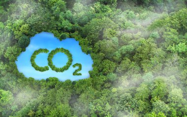 Concept depicting the issue of carbon dioxide emissions and its impact on nature in the form of a pond in the shape of a co2 symbol located in a lush forest. clipart