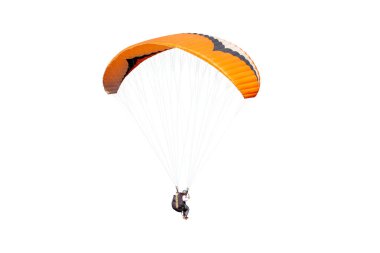 Paraşüt üzerinde uçan sporcu. Beyaz arka planda uçan güzel bir paraglider. izole