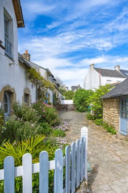 Brittany, Morbihan körfezindeki Ile aux Moines adası, küçük bir sokak ve köydeki güzel evler.