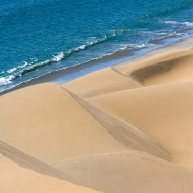 Namibya, Namib Çölü, denize düşen sarı kum tepelerinin manzarası.