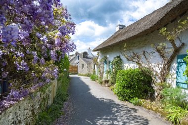 Brittany, Morbihan körfezindeki Ile aux Moines adası, küçük bir sokak ve köydeki güzel evler.