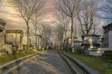 Paris, Pere-Lachaise mezarlığı, kışın mezarlarla dolu patika.