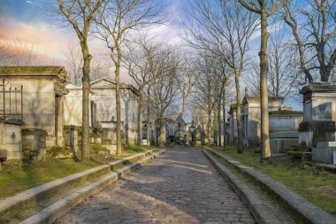 Paris, Pere-Lachaise mezarlığı, kışın mezarlarla dolu patika.