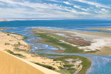 Namibya, Namib Çölü, denize düşen sarı kum tepelerinin manzarası.