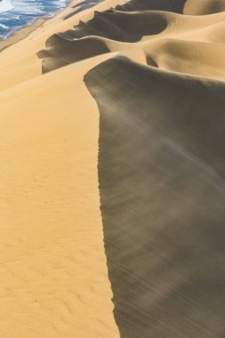 Namibya, Namib Çölü, denize düşen sarı kum tepelerinin manzarası.