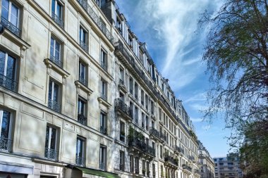 Paris, tipik cephe, güzel bir bina, eski çinko çatıları Saint-Ambroise caddesi.