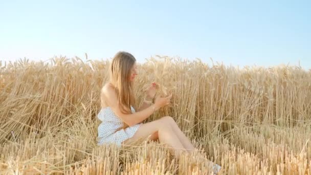 Młoda Kobieta Siedzi Dojrzałym Polu Pszenicy Pod Błękitnym Niebem Tworząc — Wideo stockowe