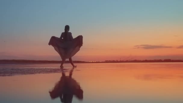 Zarif Elbiseli Kadın Gölün Kıyısında Yürüyor Kırmızıya Boyanmış Güzel Günbatımında — Stok video