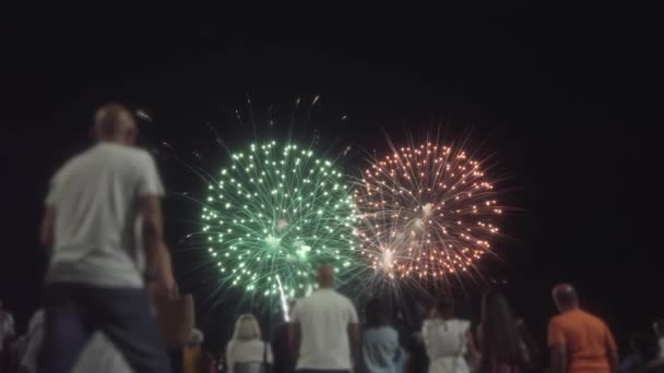 Pessoas Assistem Fogos Artifício Brilhantes Céu Câmera Lenta — Vídeo de Stock