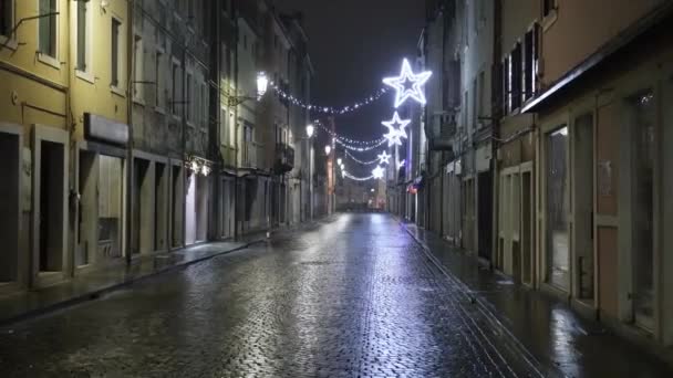 街のレンガ舗装の夜には 少し雨から 上記のクリスマスライトを反映して濡れている — ストック動画