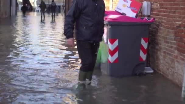 December 2021 Chioggia People Walk Flooded Street Front Waste Bins — Stockvideo