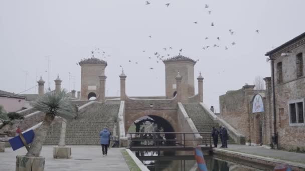 December 2022 Comacchio People Stroll Front Ancient Monument Trepponti Seagulls — Stok video