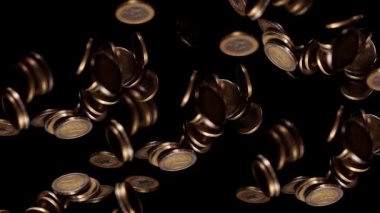 Euro coins fall in slow motion on a black background