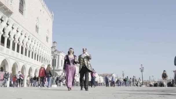 Venedig Italien Februari 2023 Eleganta Par Promenader Venedig Karneval Bär — Stockvideo