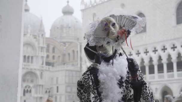意大利威尼斯 2023年2月 戴着狂欢节面具的女人看着镜子中的狗宫前面 — 图库视频影像